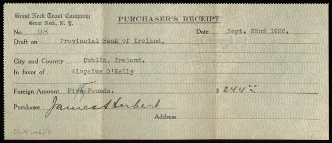 Purchaser’s receipt for a draft dated 22 September 1926 to Aloysius O’Kelly from James Herbert