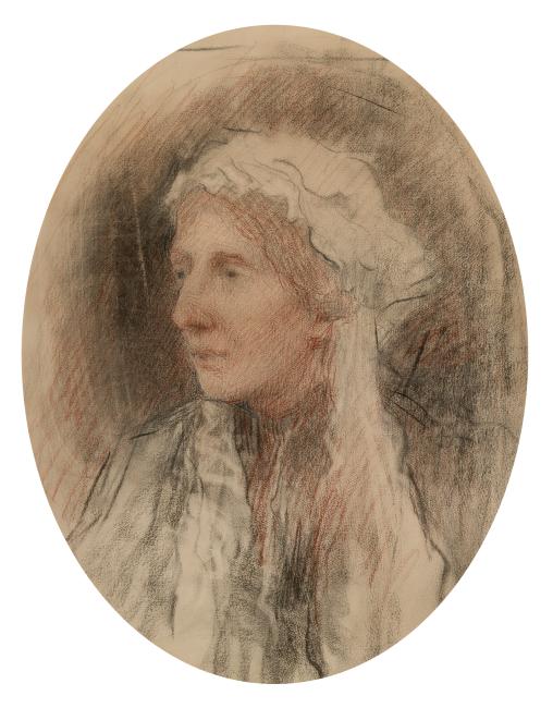 Oval shaped illustration of a woman wearing a white cloth hat. Illustration executed in red and black chalk, charcoal and graphite on paper.