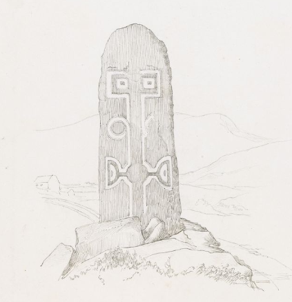 Illustration of a large, engraved standing stone.