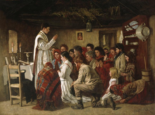 Painting of a group of approximately 20 people praying on their knees around a priest dressed in a white cloak. The scene is painted in a small room of a house