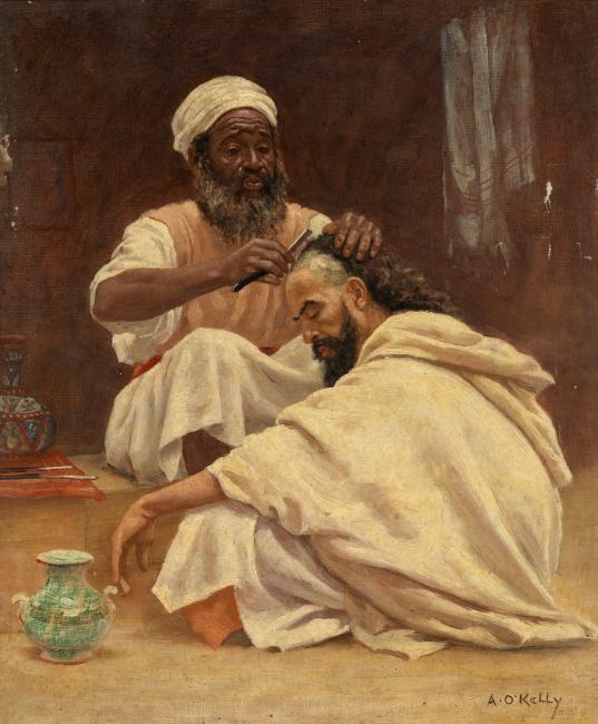 Painting of a man sitting on the ground shaving sections another man's hair. Both men are dressed in loose, white clothing.