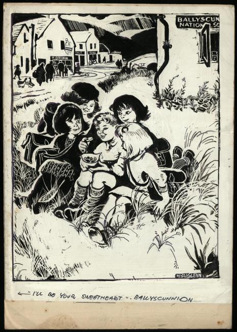 A scraperboard illustration depicting a group of children eating sweets