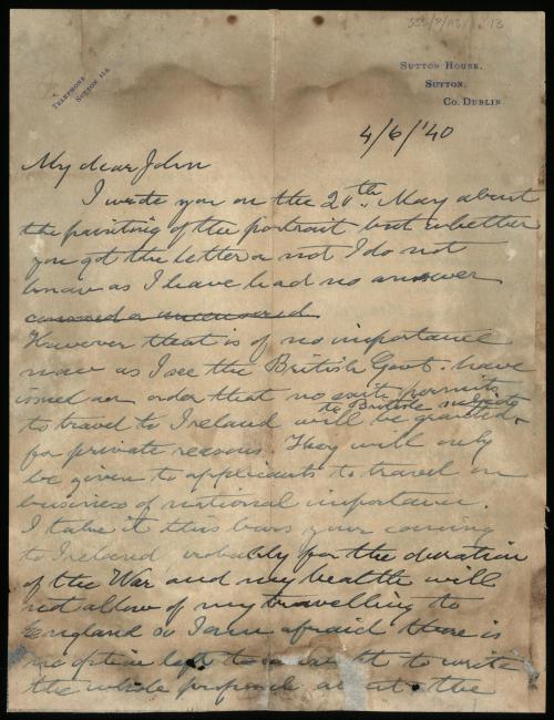 Handwritten ink letter addressed to "my dear John" dated 1940