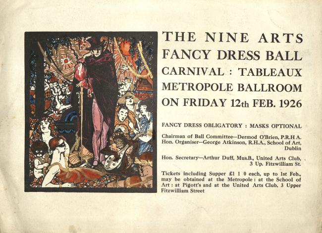 Nine Arts Ball poster with coloured illustration of a group in fancy dress