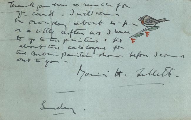 A postcard with blue paper and handwritten text signed by Mainie Jellett. The card has a small illustration in the top right corner of a robin sitting on a branch with berries.
