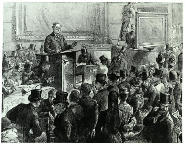 An auction at Christie's, The Graphic, 10 September 1887.  Doyle and Powerscourt, are depicted in top hats, behind the auctioneer.