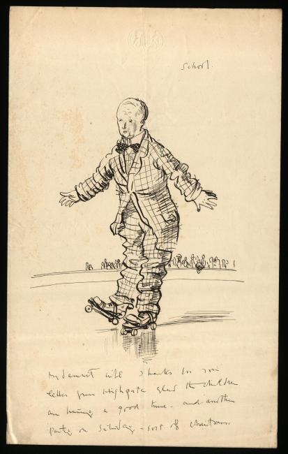 An illustrated letter by William Orpen showing his colleague Stephen roller skating in Dublin