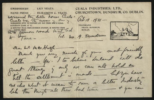 Letter from Elizabeth Yeats to a patron, eon Cuala headed paper